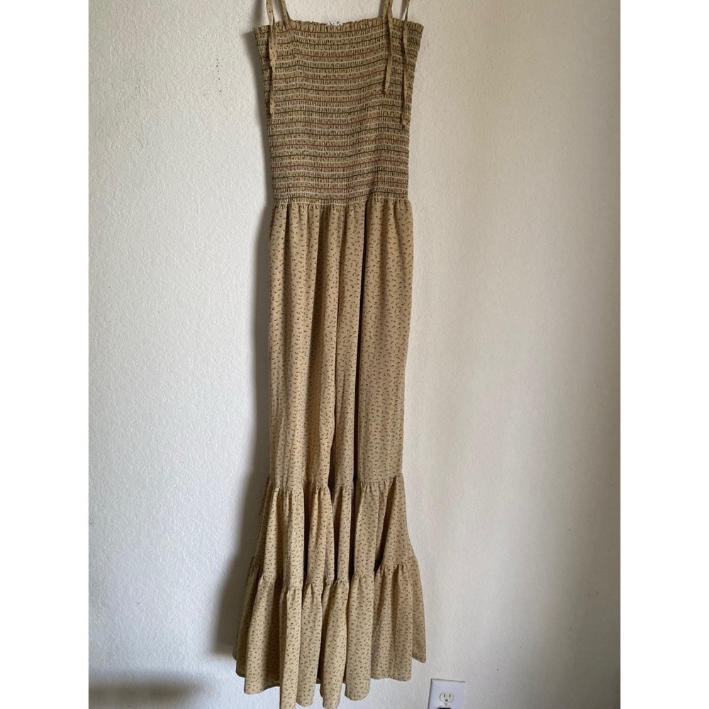 Storia Smocked Boho Hippie Ruffle-Hem Bell Bottom Floral Jumpsuit Mustard M - Picture 2 of 16